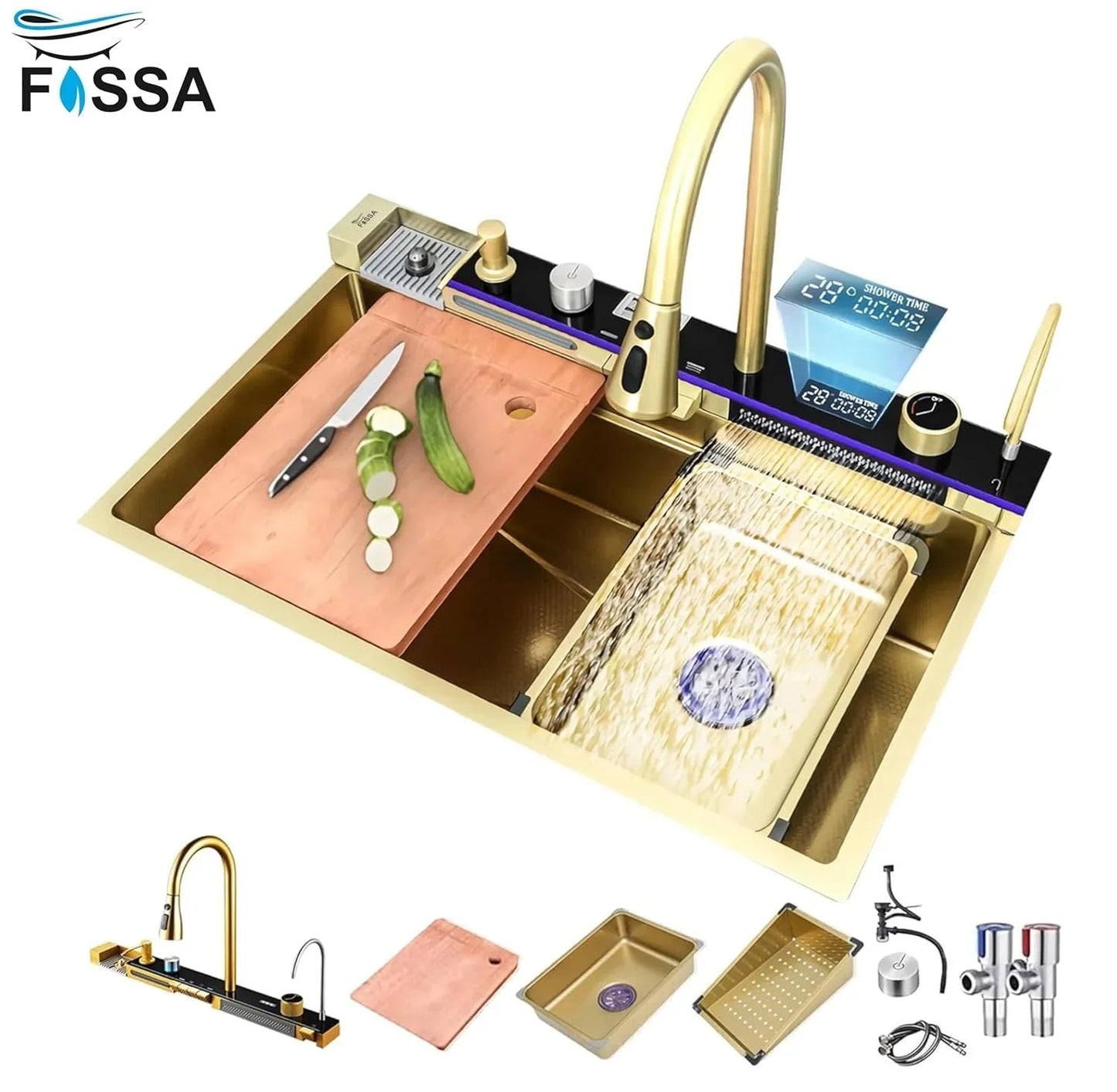 Smart Piano Waterfall (30"x18"x09") Inch Premium 5 keys Stainless Steel Kitchen Sink Gold