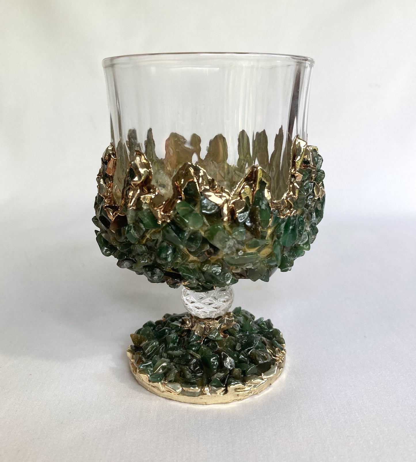 Set of 2 |Crystal Wine Glasses with Gold Plated Dark Green Agate/Quartz Semi-precious Crystals | 7 oz/210 ml