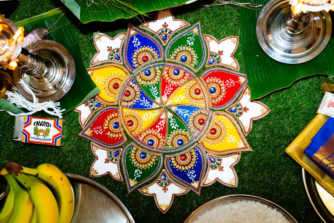 A colorful and decorative indian religious ceremony setup.