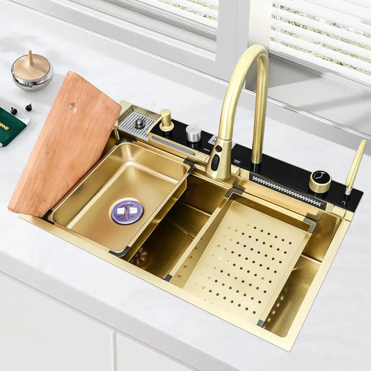 Smart Piano Waterfall (30"x18"x09") Inch Premium 5 keys Stainless Steel Kitchen Sink Gold