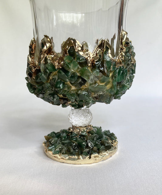 Set of 2 |Crystal Wine Glasses with Gold Plated Dark Green Agate/Quartz Semi-precious Crystals | 7 oz/210 ml